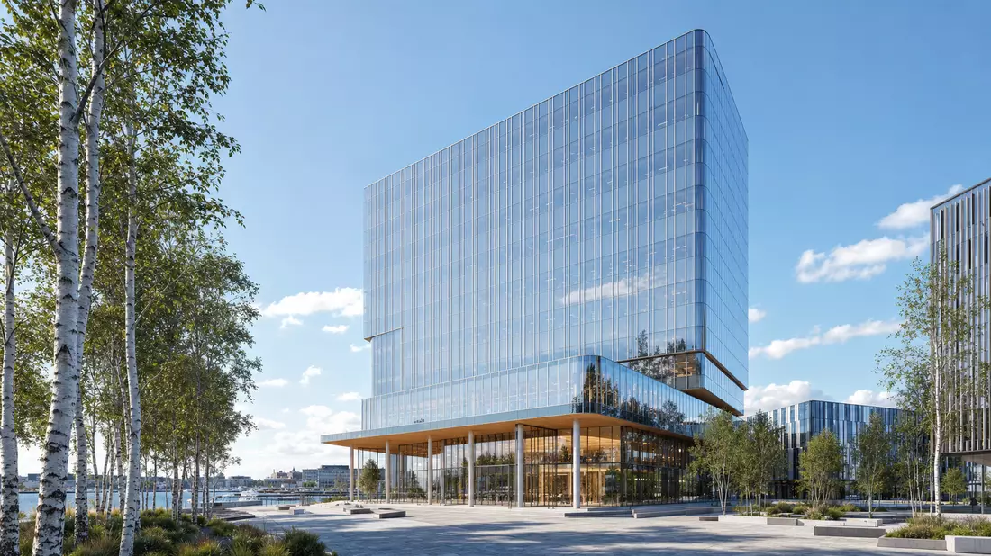 Render eines gläsernen Bürohochhauses mit Birken, Sampo Oyj FI0009003305