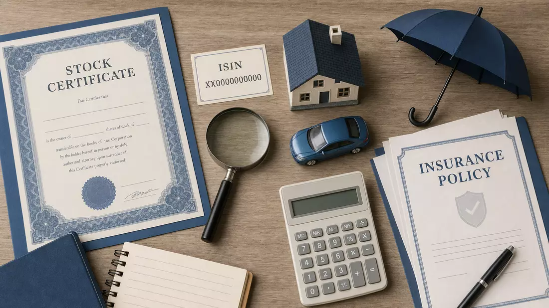 Flatlay mit Aktienzertifikat und Versicherungsutensilien, Sampo Oyj FI0009003305