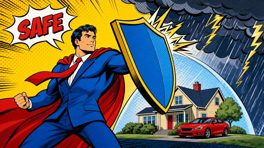 Pop-Art-Comic: Held schützt Haus und Auto vor Sturm, Sampo Oyj FI0009003305