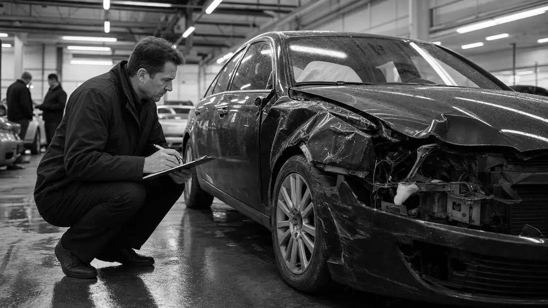 SW-Reportagefoto: Gutachter inspiziert beschädigtes Fahrzeug in Werkstatt