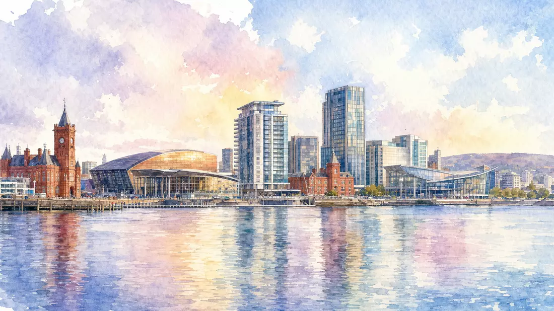 Aquarellmalerei der Cardiff-Skyline mit Bürotürmen am Wasserufer