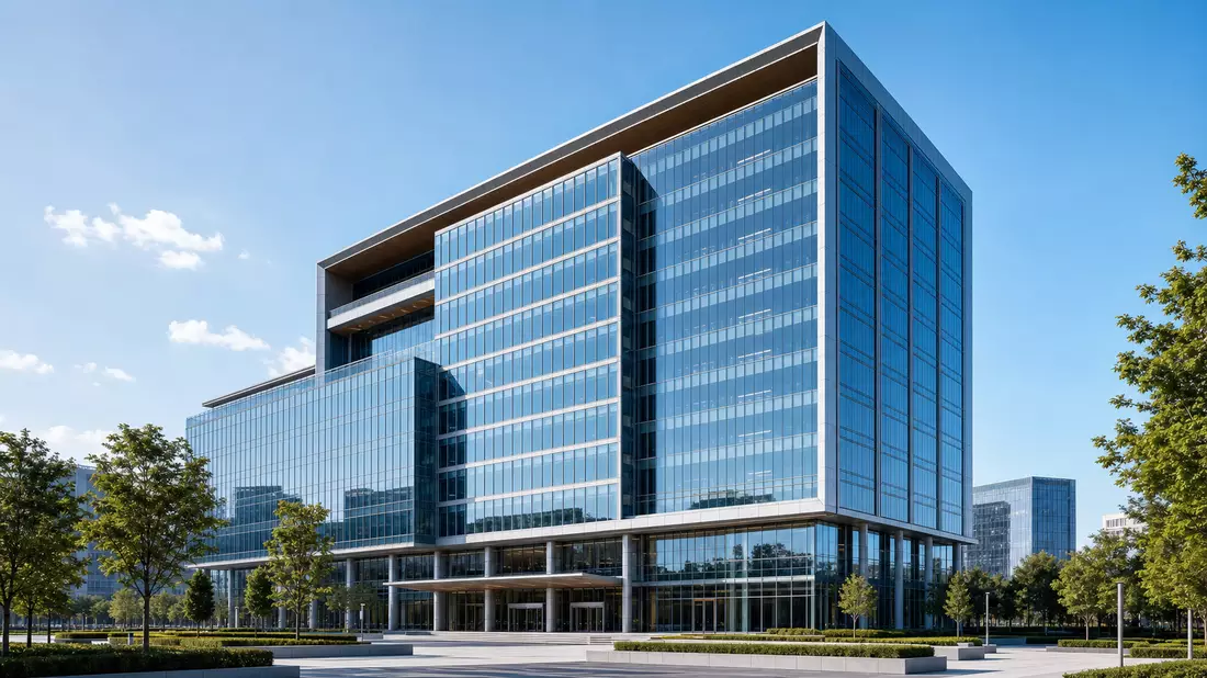 Architektur-Rendering eines Glashochhauses als Sinnbild für Versicherungskonzern