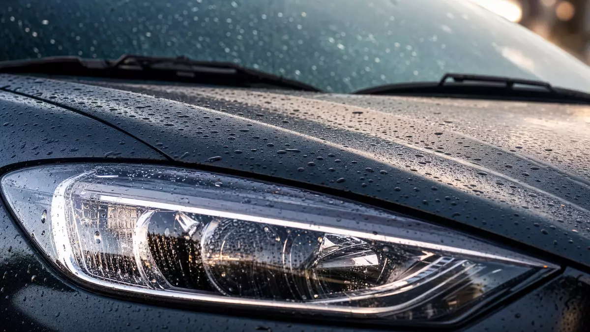 Makroaufnahme eines Autoscheinwerfers mit Regentropfen im Detail