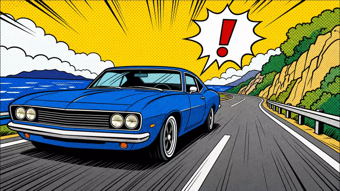 Pop-Art-Comic: buntes Auto auf Küstenstraße mit Sprechblase