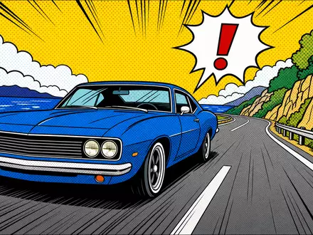 Admiral Group plc (ISIN GB00B02J6398) versichert Autofahrer, dargestellt als farbenfrohe Pop-Art-Comic-Szene mit Fahrzeug - Foto: THN