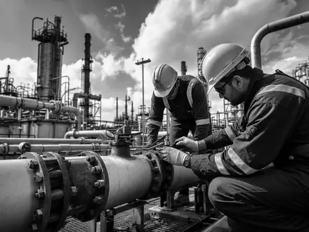 Repsol S.A. (ISIN ES0173516115) beschäftigt Ingenieure, die Pipelines in dokumentarischer Schwarzweiß-Aufnahme sorgfältig inspizieren - Foto: THN
