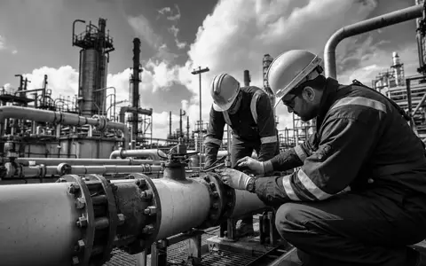 Repsol S.A. (ISIN ES0173516115) beschäftigt Ingenieure, die Pipelines in dokumentarischer Schwarzweiß-Aufnahme sorgfältig inspizieren - Foto: THN