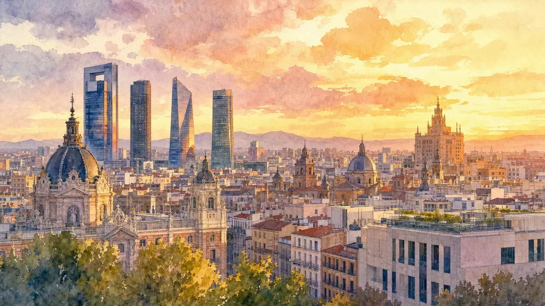 Aquarellmalerei der Madrider Skyline mit Türmen im warmen Abendlicht