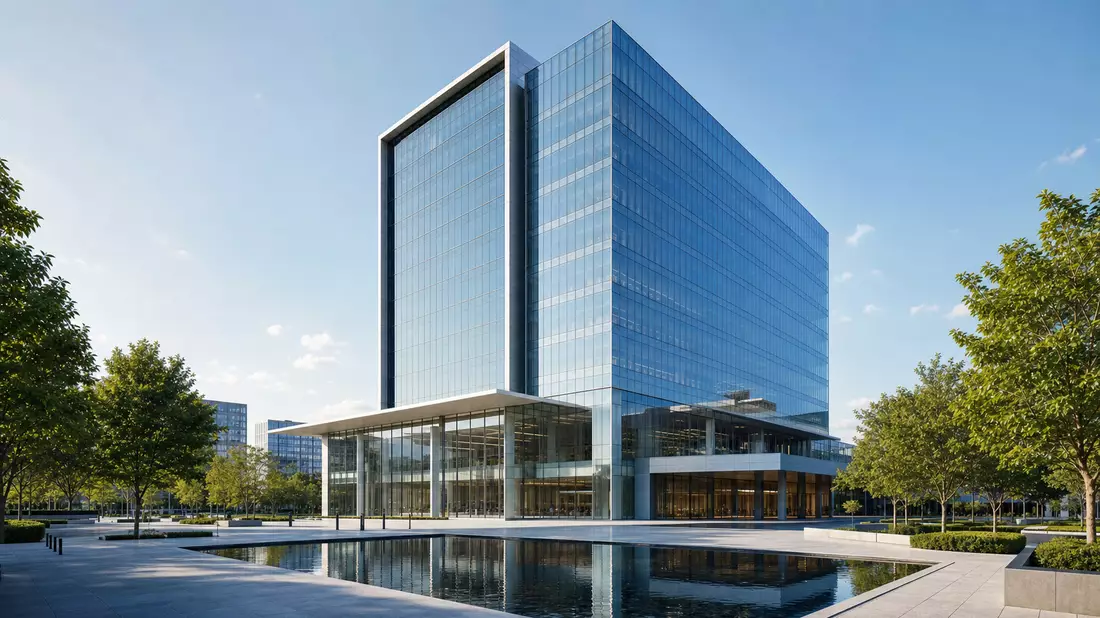 Architektur-Rendering eines modernen gläsernen Firmenhauptsitzes mit Reflexionspool