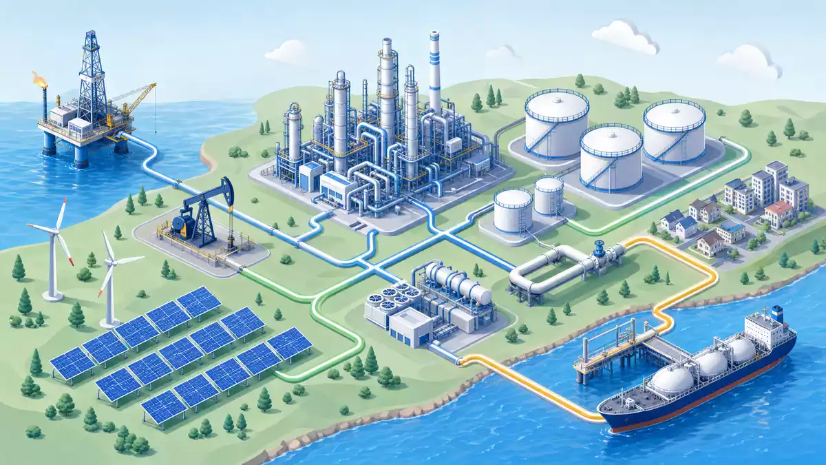 Isometrische Illustration einer Energie-Wertschöpfungskette mit Anlagen und Turbinen