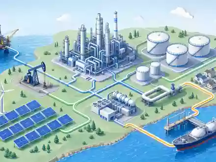 Repsol S.A. (ISIN ES0173516115) deckt die gesamte Energie-Wertschöpfungskette ab, isometrisch von Förderung bis Vertrieb visualisiert - Foto: THN