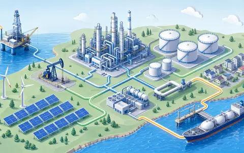 Repsol S.A. (ISIN ES0173516115) deckt die gesamte Energie-Wertschöpfungskette ab, isometrisch von Förderung bis Vertrieb visualisiert - Foto: THN