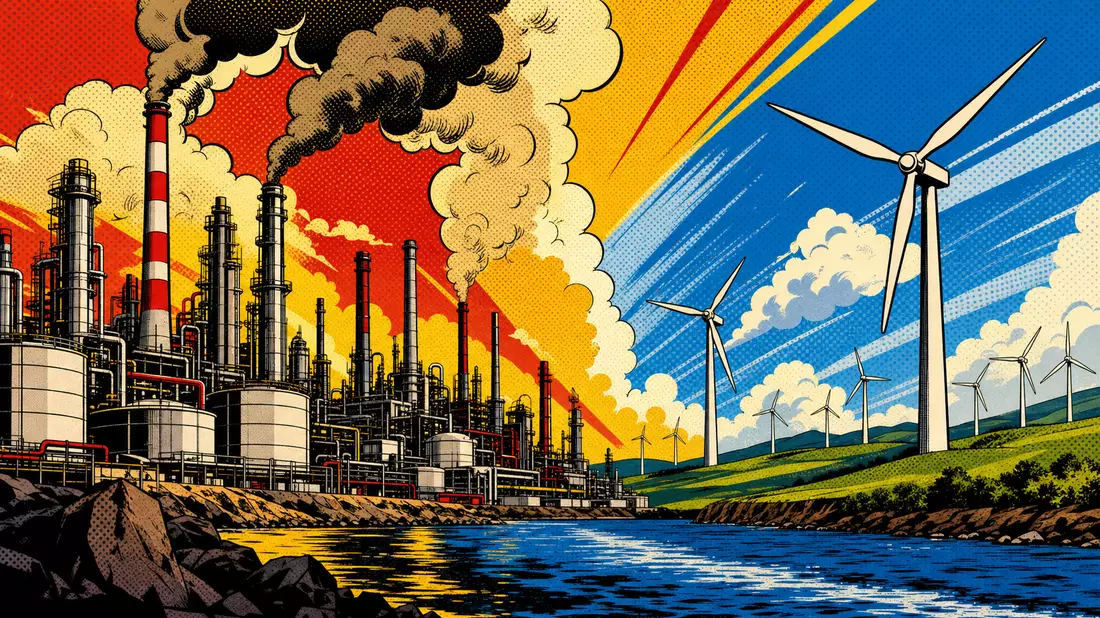 Pop-Art-Comicszene mit Raffinerie links und Windrädern rechts vor buntem Himmel