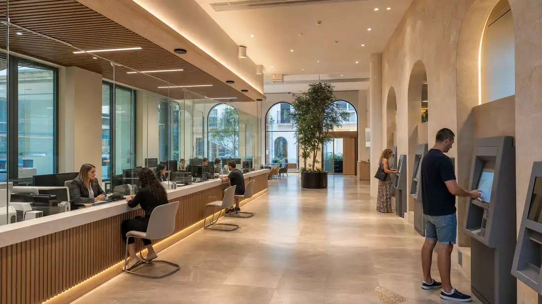 Moderne Bankfiliale mit Glasschaltern und Selbstbedienungsterminals in warmem Licht