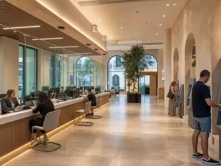 Fotorealistisches Bankfiliale-Motiv zeigt CaixaBank S.A. (ISIN ES0140609019) als moderne spanische Großbank mit Filialbetrieb - Foto: THN