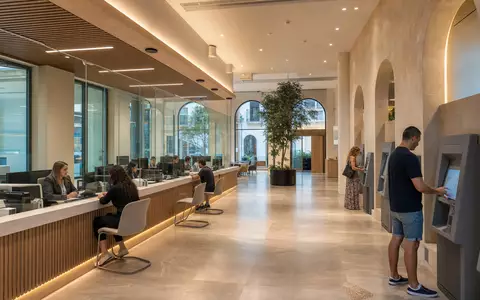 Fotorealistisches Bankfiliale-Motiv zeigt CaixaBank S.A. (ISIN ES0140609019) als moderne spanische Großbank mit Filialbetrieb - Foto: THN