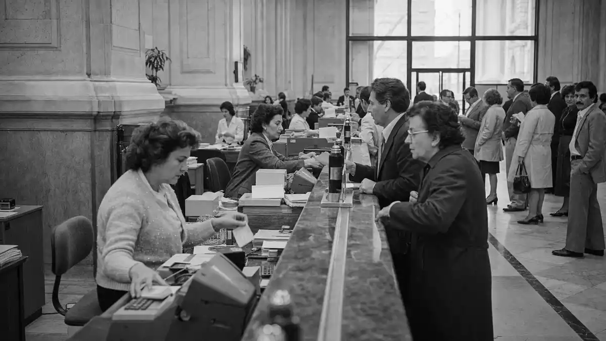 Schwarzweiß-Reportage: historischer Bankschalter mit Kunden und Angestellten