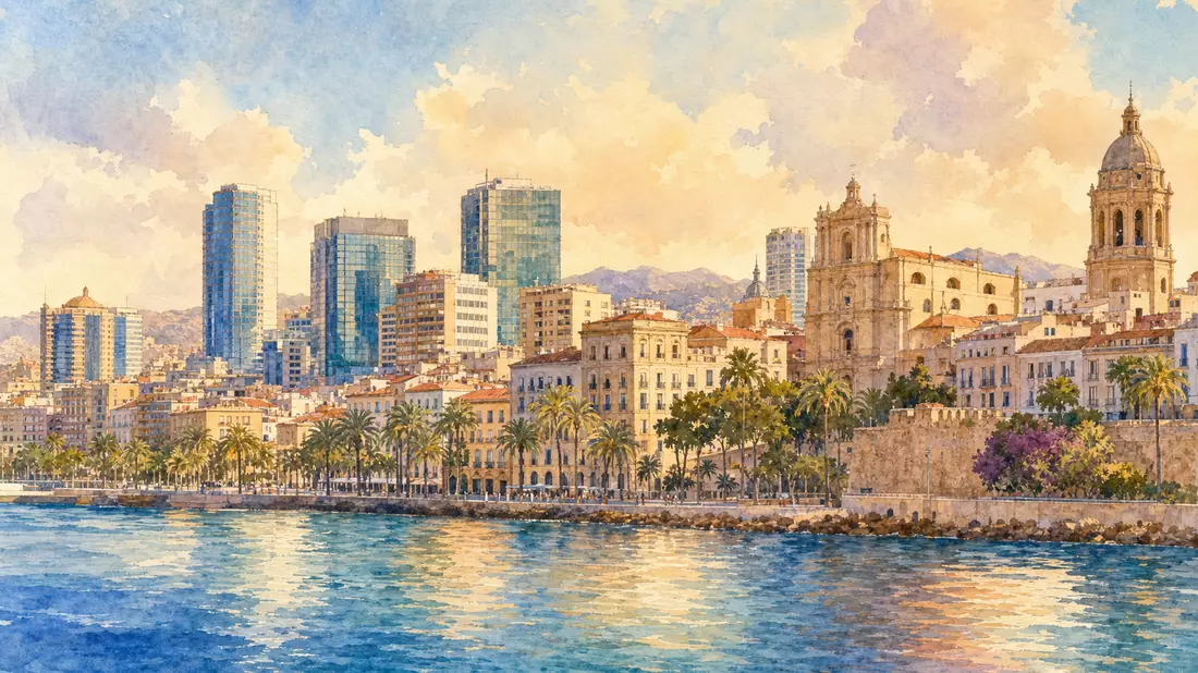 Aquarell einer mediterranen Hafenstadt mit Glastürmen und historischen Gebäuden