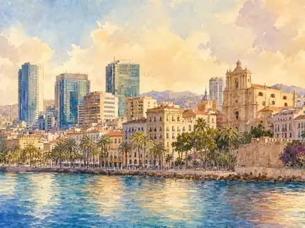 Aquarell zeigt mediterrane Hafenstadt-Skyline, inspiriert von CaixaBank S.A. (ISIN ES0140609019) mit Sitz Valencia, Barcelona - Foto: THN