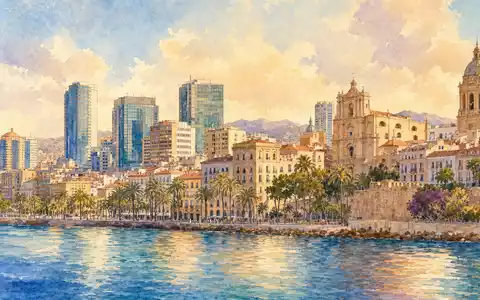 Aquarell zeigt mediterrane Hafenstadt-Skyline, inspiriert von CaixaBank S.A. (ISIN ES0140609019) mit Sitz Valencia, Barcelona - Foto: THN