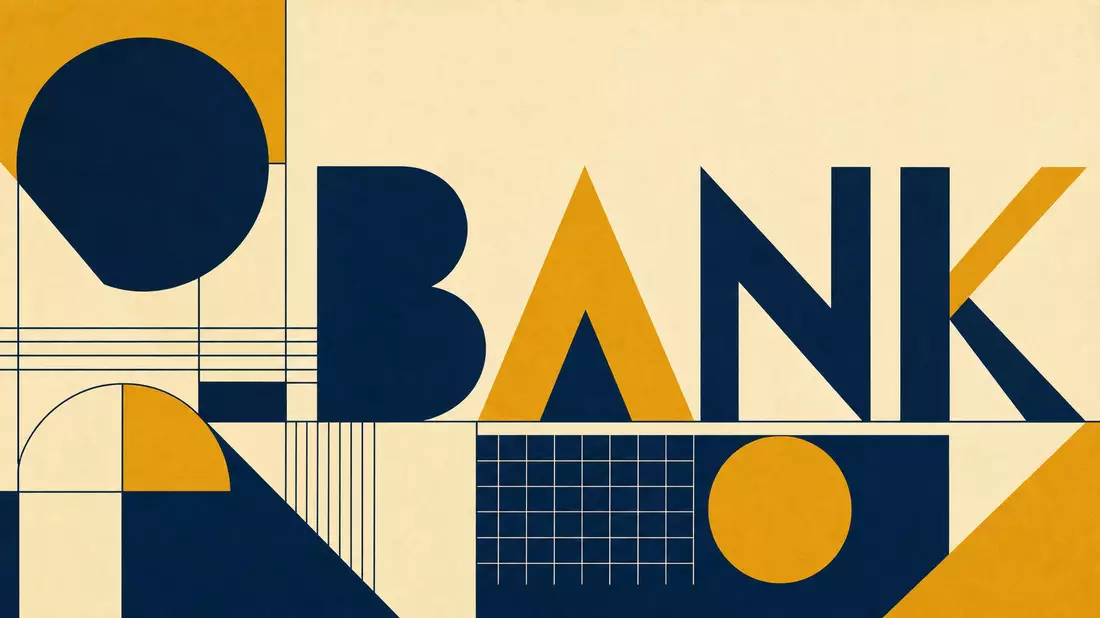 Bauhaus-Poster mit geometrischen Formen und großem Schriftzug BANK
