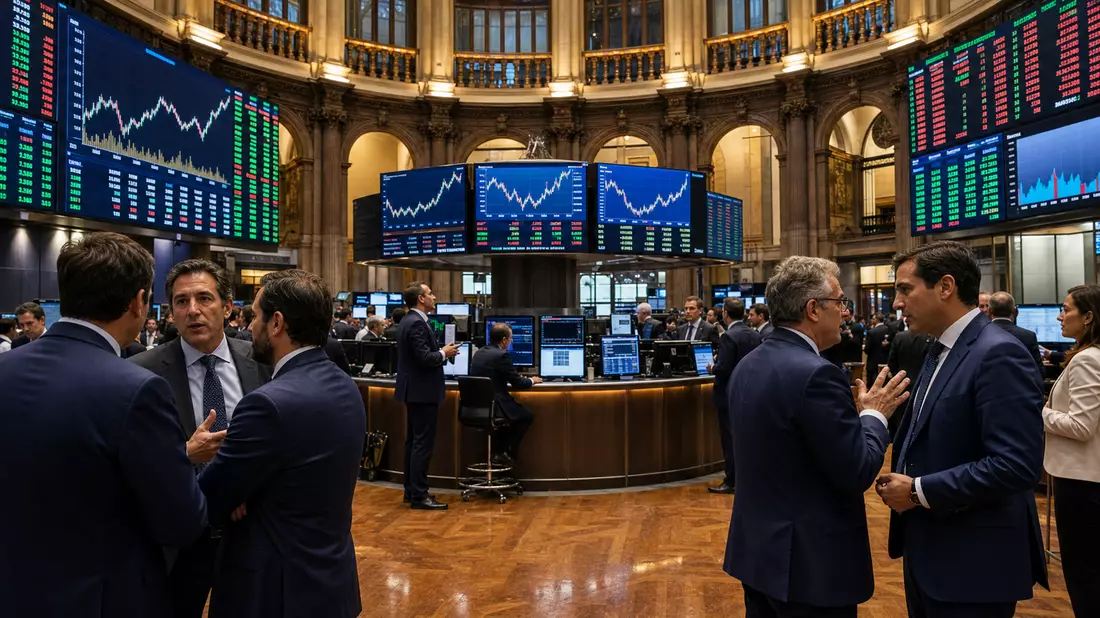 Börsen-Trading-Floor mit großen Kursbildschirmen und Fachleuten in Anzügen