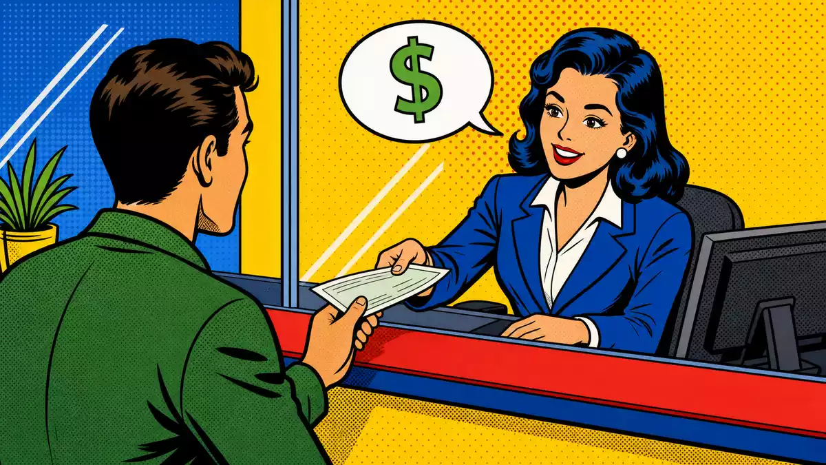 Pop-Art-Comic-Szene einer freundlichen Bankschalter-Interaktion mit Dollarzeichen