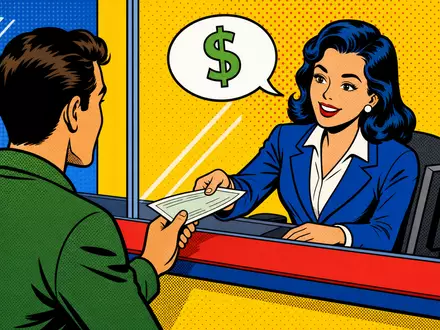 Pop-Art-Comic zeigt freundliche Bankschalter-Szene, kreativ inspiriert von CaixaBank S.A. (ISIN ES0140609019) als Retailbank - Foto: THN