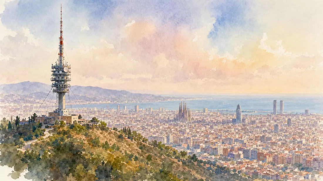 Aquarellbild von Barcelona mit Fernsehturm auf Hügel über der Stadt