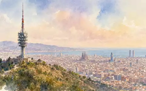 Aquarellmalerei der Skyline Barcelonas mit Sendeturm illustriert Cellnex Telecom S.A., ISIN ES0105066007 - Foto: THN