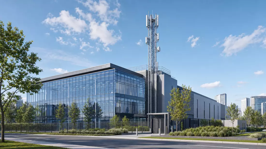 3D-Render eines Rechenzentrums mit Antennenmast auf dem Dach