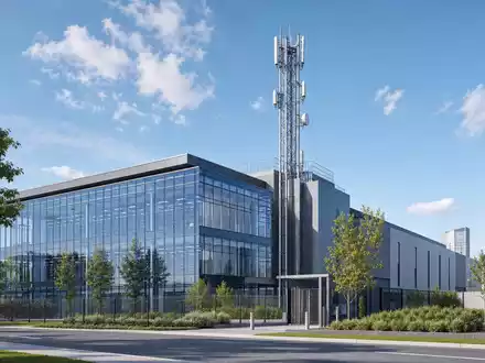 Architektonisches Render eines Rechenzentrums mit Mast repräsentiert Cellnex Telecom S.A., ISIN ES0105066007 - Foto: THN