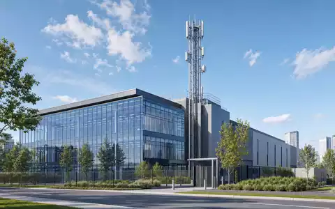 Architektonisches Render eines Rechenzentrums mit Mast repräsentiert Cellnex Telecom S.A., ISIN ES0105066007 - Foto: THN