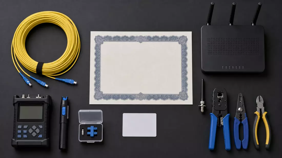 Flatlay mit Zertifikat, ISIN-Karte, Glasfaserkabel und Netzwerkgeräten