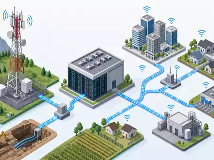 Isometrische 3D-Grafik der Netzwerkinfrastruktur zeigt Wertschöpfungskette von Cellnex Telecom S.A., ISIN ES0105066007 - Foto: THN