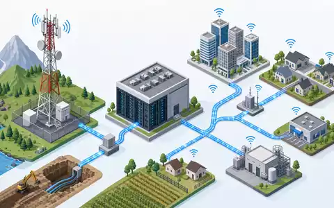 Isometrische 3D-Grafik der Netzwerkinfrastruktur zeigt Wertschöpfungskette von Cellnex Telecom S.A., ISIN ES0105066007 - Foto: THN