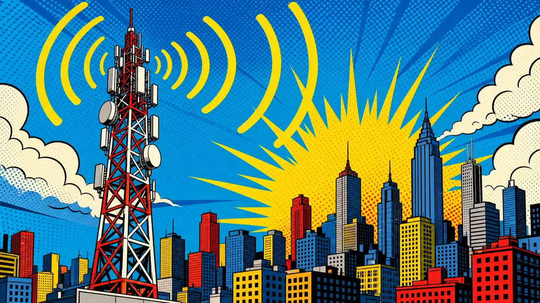 Pop-Art-Comic zeigt Sendemast mit Signalwellen über bunter Skyline
