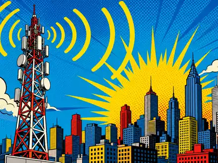 Pop-Art-Comic mit Sendemast und Stadtsilhouette visualisiert plakativ Cellnex Telecom S.A., ISIN ES0105066007 - Foto: THN