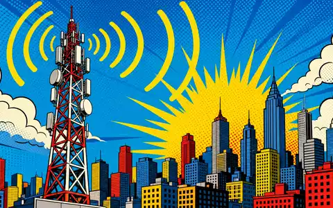 Pop-Art-Comic mit Sendemast und Stadtsilhouette visualisiert plakativ Cellnex Telecom S.A., ISIN ES0105066007 - Foto: THN