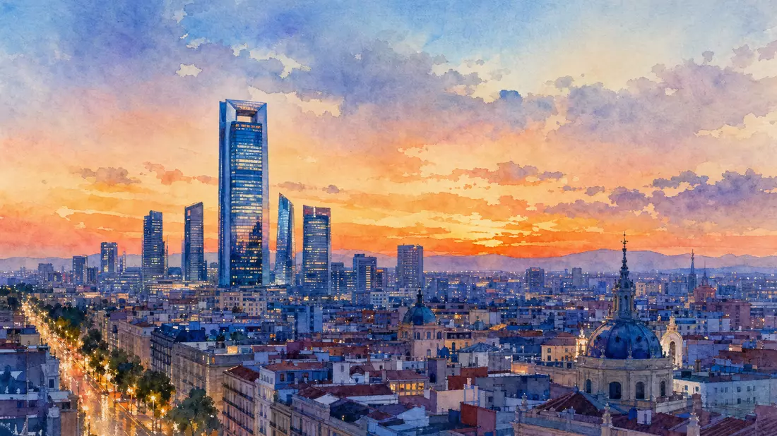 Aquarellmalerei der Madrider Skyline mit Bürotürmen bei Sonnenuntergang