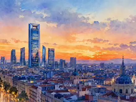 Telefónica S.A. (ISIN ES0178430E18) hat ihren Hauptsitz in Madrid, dargestellt als stimmungsvolles Aquarellbild bei Abenddämmerung - Foto: THN