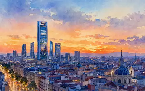 Telefónica S.A. (ISIN ES0178430E18) hat ihren Hauptsitz in Madrid, dargestellt als stimmungsvolles Aquarellbild bei Abenddämmerung - Foto: THN