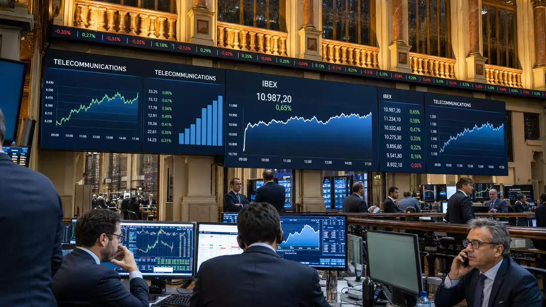 Börsenhändler beobachten Telekommunikations-Charts und IBEX-Index auf großen Bildschirmen