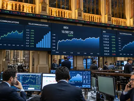 Telefónica S.A. (ISIN ES0178430E18) notiert im IBEX 35, dargestellt am geschäftigen Börsenparkett mit Telekommunikations-Kurscharts - Foto: THN