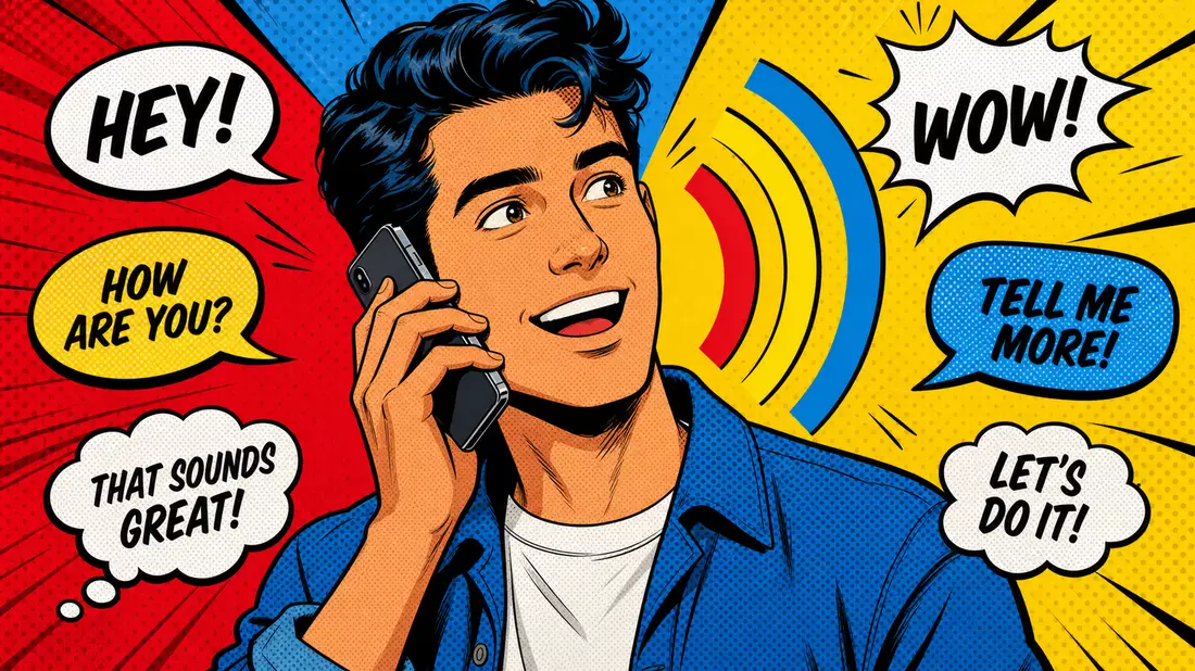 Pop-Art-Comic zeigt lächelnde Person am Smartphone mit bunten Sprechblasen und Signalwellen