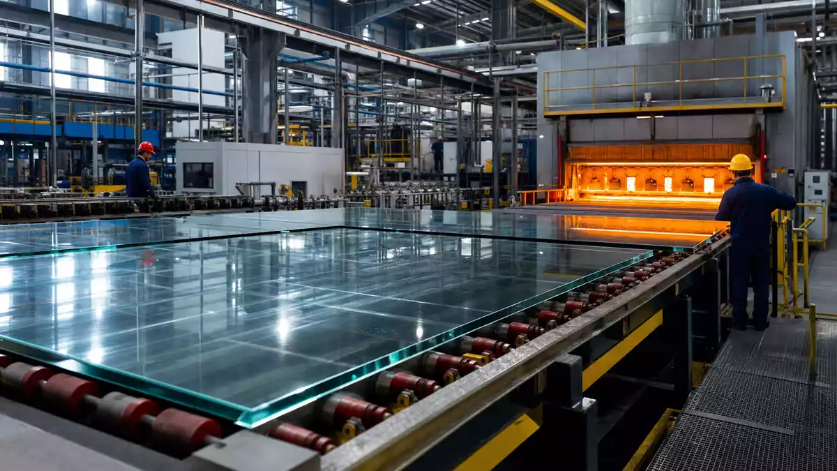 Glasproduktion in industrieller Anlage mit Schmelzofen und Fertigungslinie