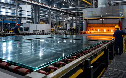 Compagnie de Saint-Gobain S.A. (FR0000125007) produziert Flachglas in modernen Werken mit Schmelzöfen und Fertigungsstraßen - Foto: THN