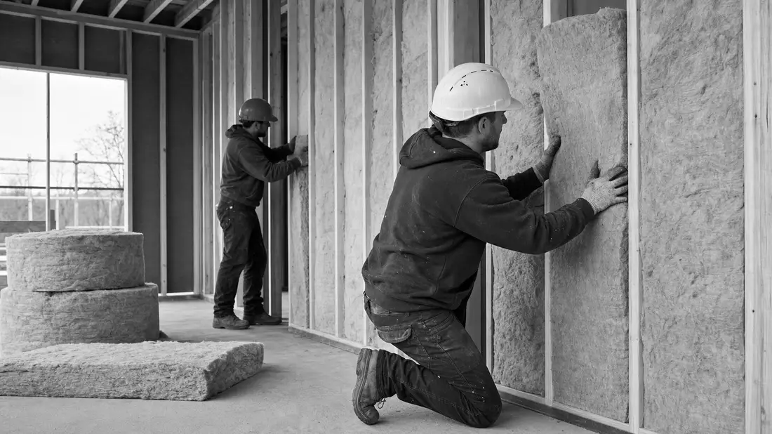 Schwarzweißfoto von Bauarbeitern beim Einbau von Mineralwolle in einer Hauswand