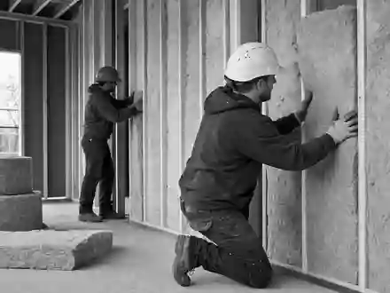 Compagnie de Saint-Gobain S.A. (FR0000125007) liefert Dämmwolle, dokumentiert hier in einer schwarzweißen Baustellen-Reportage - Foto: THN