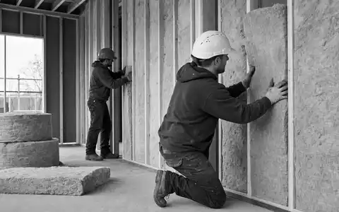 Compagnie de Saint-Gobain S.A. (FR0000125007) liefert Dämmwolle, dokumentiert hier in einer schwarzweißen Baustellen-Reportage - Foto: THN
